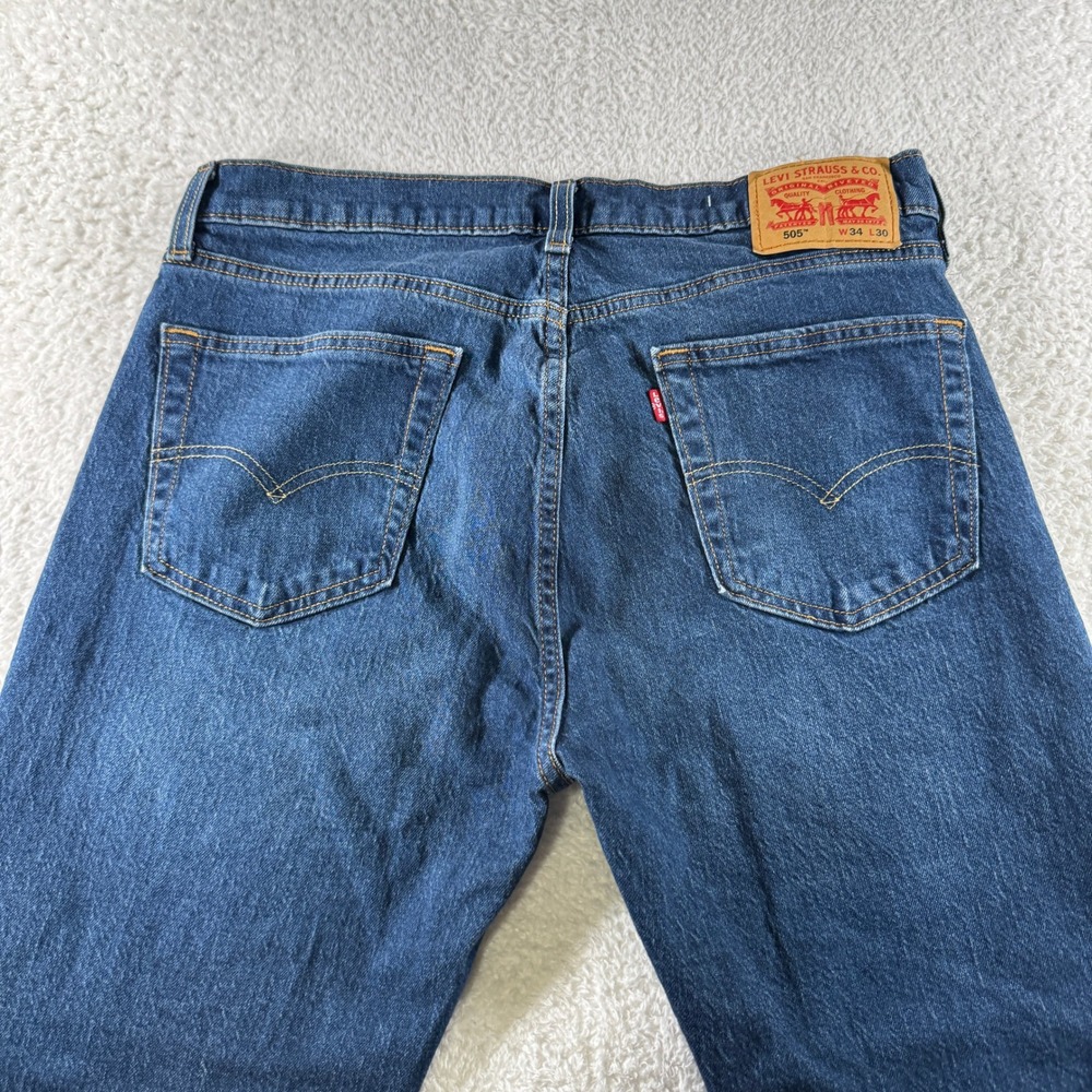 Men's Size 34x30 Levi 505 Regular Fit Denim Blue Jeans Medium Dark Wash Stretch - Picture 2 of 11